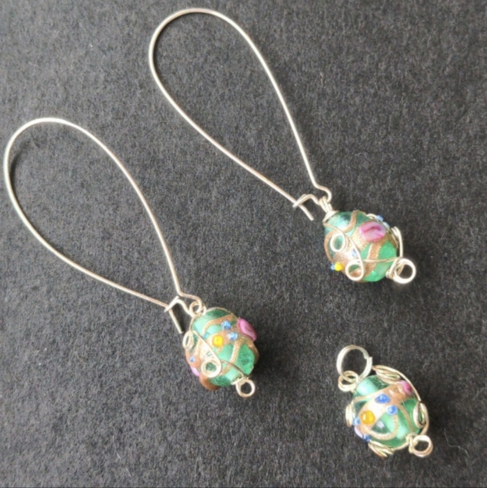Vintage handmade Murano glass lamp work set - earrings and pendant